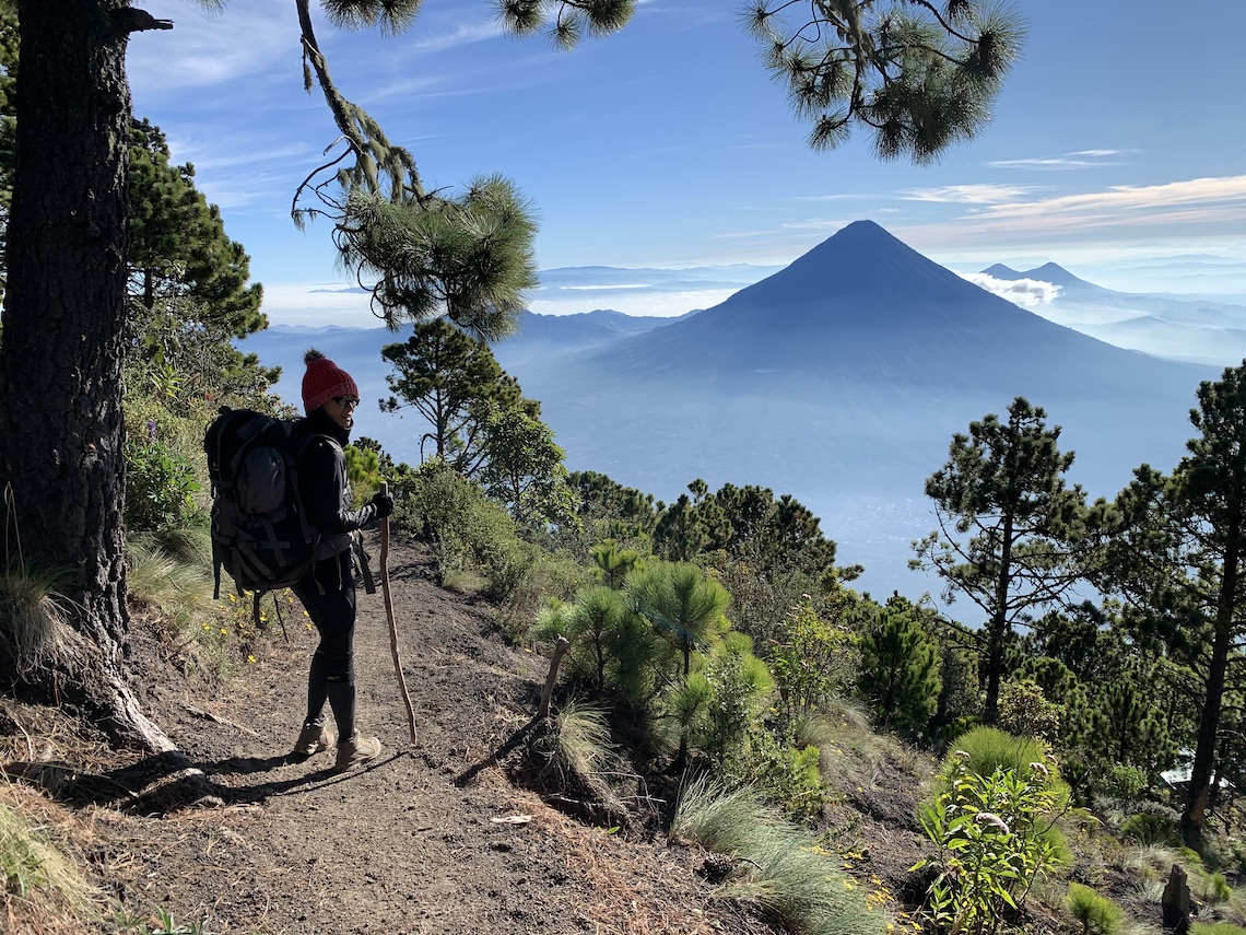 Woman hiking near the base camp of Acatenango volcano in Guatemala