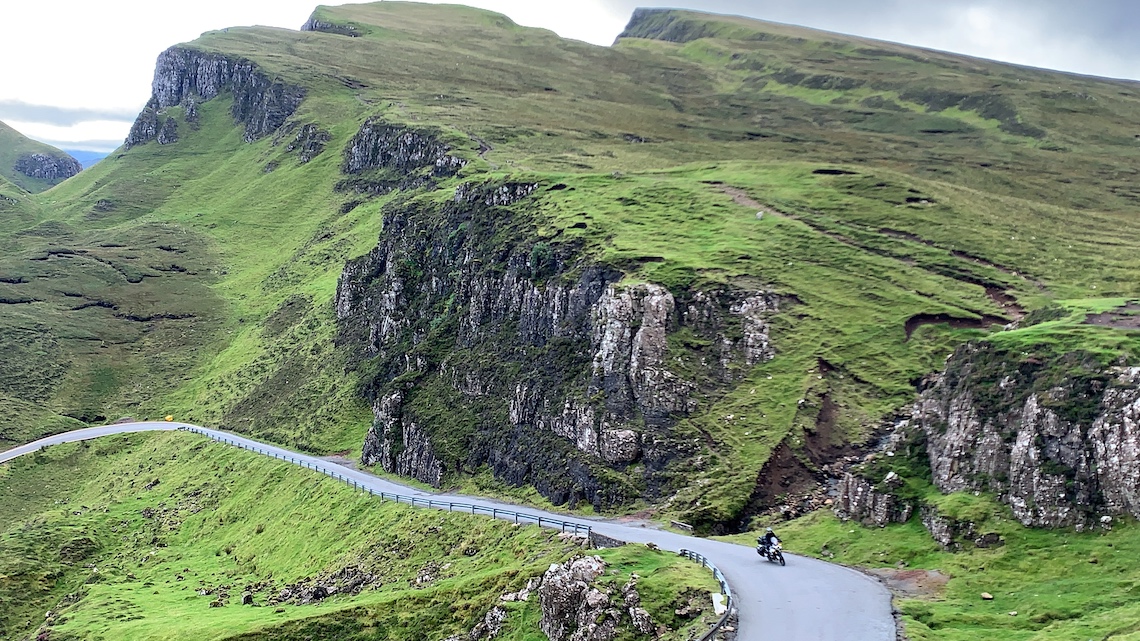 motorcyclist driving up the Trotternish Ridge on the isle of Skye